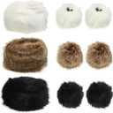 Liitrsh 3 Pcs Women's Faux Fur Hat and 3 Pairs Wrist Cuffs Russian Style Warm Cap Furry Bands Arm Warmer for Gift Daily Wear (White, Black, Brown)