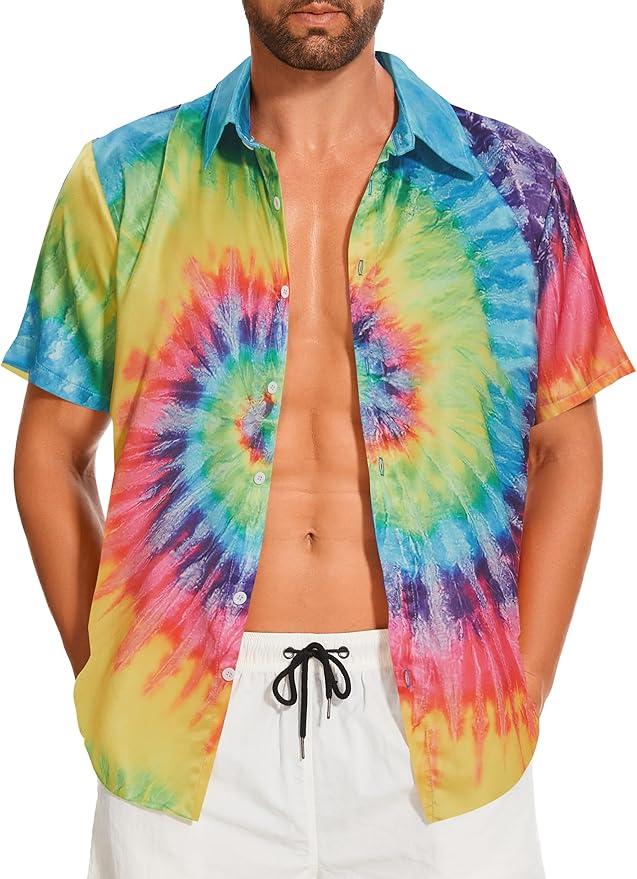 Demoking Tie Dye Shirt Men Hippie Neon Vintage Hawaiian Shirts Short Sleeve Button Down Multicolor XXL