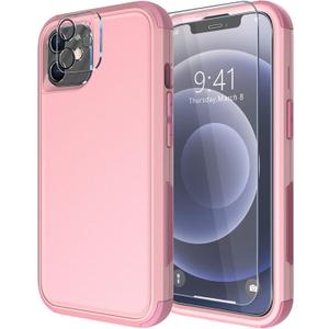 Diverbox for iPhone 12 case [Shockproof] [Dropproof] [Tempered Glass Screen Protector + Camera Lens Protector], Heavy Duty Protection Phone Case Cover for Apple iPhone 12 (Pink)