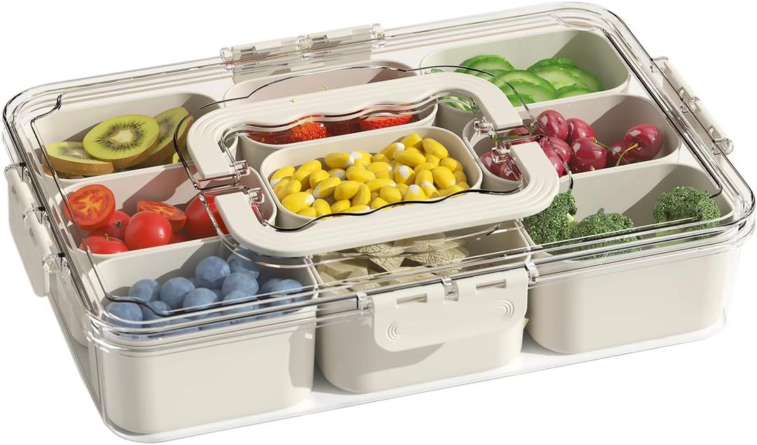 Snackle Box Container, Portable 9 Compartments Divided Serving Tray with Lid and Handle, Clear Snack Box, Stackable Snack Platters Organizer for Fruits, Candies, Vegetables, Nuts-1 Pack , Square-1pcs , (White)