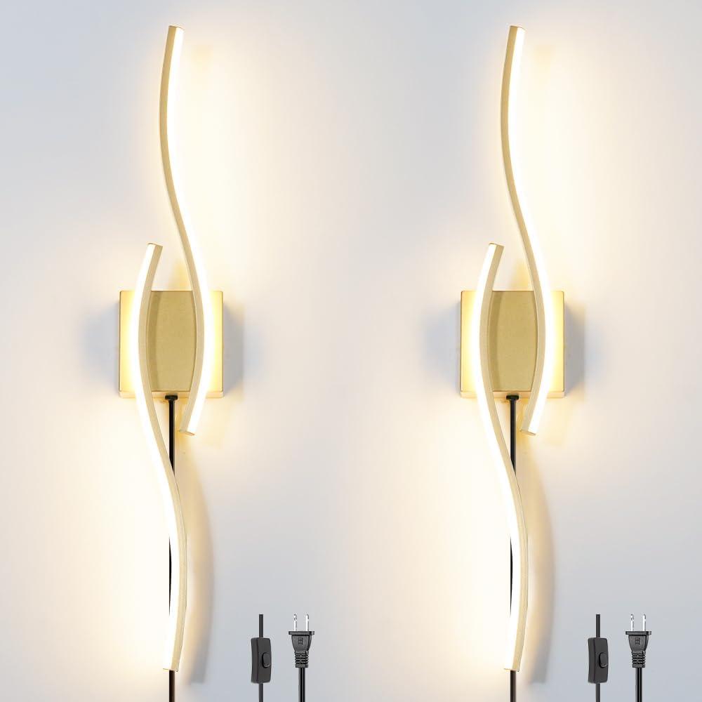 Daunton Modern Gold Plug in Wall Sconce Set of 2, Indoor Dimmable Light Fixture with Plug in Cord for Living Room, LED Sconces Lighting with Remote Control, Wall Lighting Decor for Hallway Bedroom
