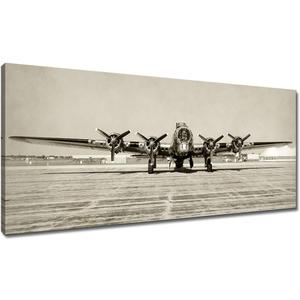 KLVOS Large Airplane Art Wall Decor World War II Era Heavy Bomber Old Photo Picture Print on Canvas Vintage Aircraft Propeller Modern Home Decoration Stretched on Wooden Ready to Hang 20x48inch