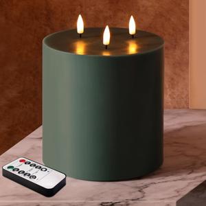 Green 3 Wick Flameless Candle with Remote, 6x6 inch Large Christmas LED Pillar Candle, Battery Operated Real Wax Flickering