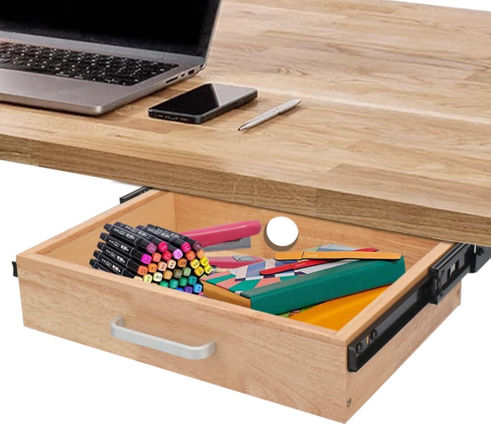 Under Desk Drawer, Upgrade Wood Under Desk Mounted Sliding Pull-out Drawer, Under Desk Drawer Storage Organizer, Hanging Drawers for Desk, Hidden Desktop Organizer for Office Desks, Tables