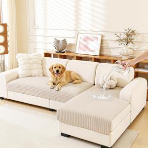 MEETSKY Sectional Sofa Covers, 2 Pieces 100% Waterproof Anti Slip Couch Cover for Dogs, Leather Couch Covers for 2 Cushion L Shape, Soft Sofa Covers for Pets Washable, Khaki,Large, 35"x63"+35"x63"