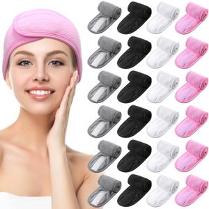 Hoteam 24 Pcs Spa Facial Spa Headband Bulk Skincare Headband Adjustable Face Wash with Tape Terry Cloth Stretch for Make Up Washing Face Shower Facial Mask Yoga