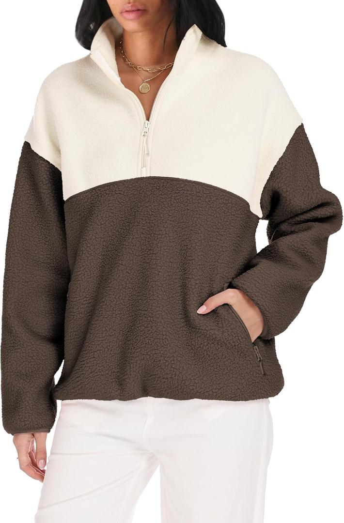Womens Colorblock Fleece Jacket Half Zip Mockneck Sherpa Pullover Hiking Outdoor Sweatshirts with Pockets (Small, Coffee)