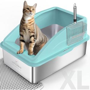 AIPERRO Stainless Steel Litter Box | XL Enclosed Cat Litter Boxs with Lid for Big Cats | High Sided, Anti-Urine Leakage | Non-Stick Bottom & Includes Litter Mat & Metal Scoop (Turquoise, X-Large)