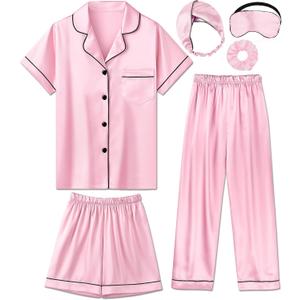 Silk Pajamas for Girls Satin Pajama Kids 3 Pieces Short Sleeve Girl Button-down Pjs Shorts Pants Sleepwear (11-12 Years, Pink)