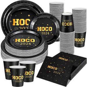 200 Pcs HOCO Party Supplies Homecoming decorations 2024 Plates and Napkins Set Black Gold 2024 HOCO Tableware Serve 50 Guest Homecoming Disposable Dinnerware for School Celebration Supplies