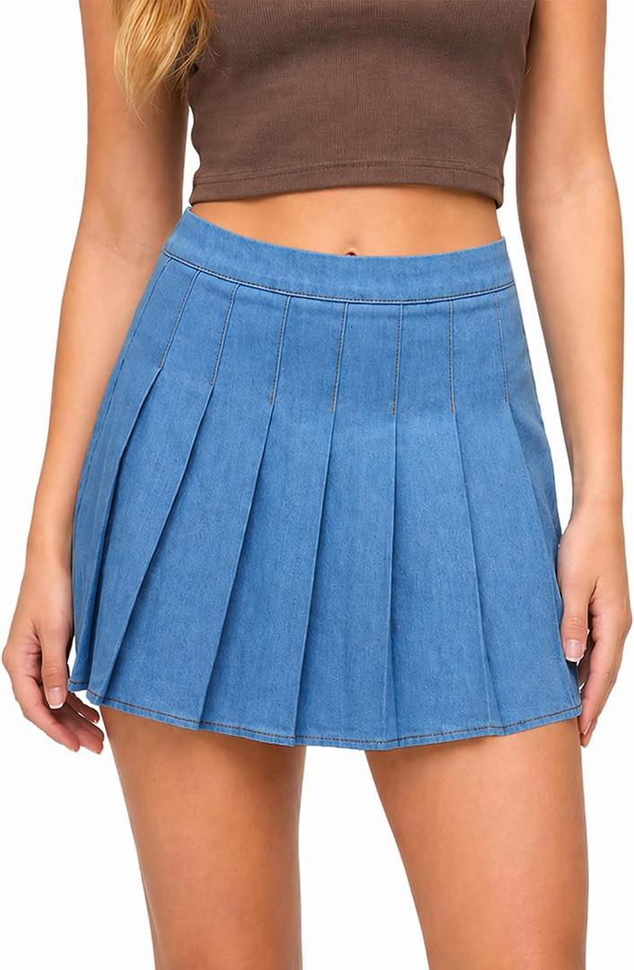SCKTOO Womens Denim Skirt High Waisted Zipper A-Line Skater Jean Pleated Mini Skirts (XS)