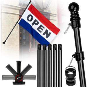 XIFAN Double Sided Open Flag with Pole Kit  6FT Black Stainless Steel Flag Pole, 3x5FT Flag, Multi-Position Wall Mount Bracket for Business Storefront, Commercial & Residential Advertising Signage