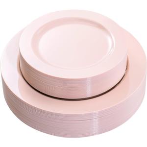 FLOWERCAT 60PCS Pink Plastic Plates - Heavy Duty Pink Plates Disposable for Easter Party/Mother's Day/Wedding - serving 30 guests Include 30PCS 10.25inch & 30PCS 7.5inch