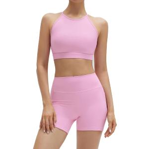 SUUKSESS Womens Workout Set Crew Neck Strappy Sports Bra Tank High Waist Tummy Control Bike Short Outfit
(Pink, S)