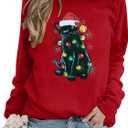 MYHALF Christmas Cat Sweatshirt for Women Crewneck Christmas Long Sleeve Shirt Holiday Ugly Sweaters Top (Red, S)