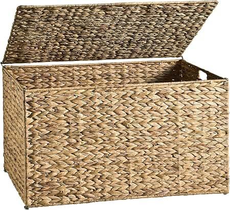 Storage Basket with Lid, Natural Wicker Basket with Lid, Woven Storage Bin with Handles, Foldable, Metal Frame, for Bedroom, Laundry Room, Living Room 16x11ft
