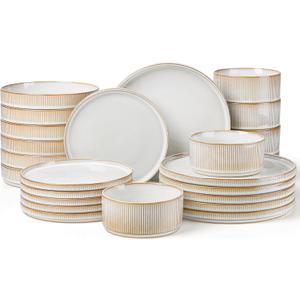 LIANYU 24 Piece Stoneware Plates and Bowls Dishes Set for 6, Dinnerware Sets with Pasta Bowls, Ribbed Dining Ware Dishware for Home Wedding, Microwave and Dishwasher Safe, Dawn Beige