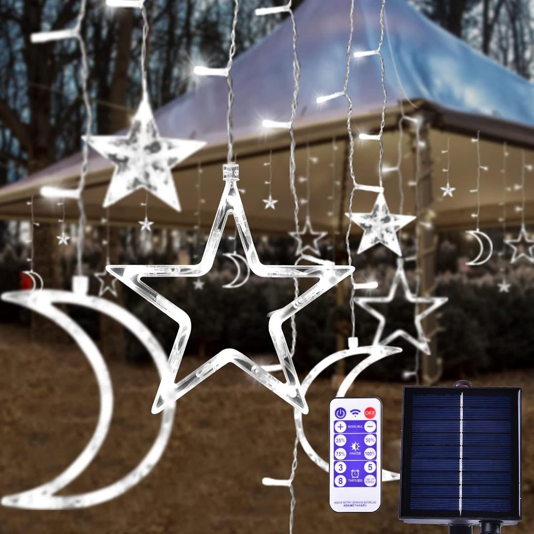 138 LED Ramadan Decorations Lights Solar Moon and Star Lights Outdoor Waterproof Powered Curtain Lights with 8 Modes Ramadan Hanging Decor for Ramadan, Home, Patio (Cold White)