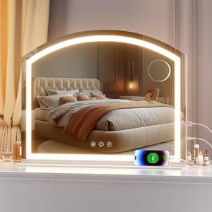 Hasipu Arch Vanity Mirror with Light, 28"x22" Arched Led Makeup Mirror with 10X Magnification, Tabletop Desk Mirrors with USB Charging Port, Dimmable 3 Colors Mode (White)