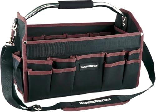 20 In Tool Carrier, Open Top Tool Tote 30 Pockets, Waterproof Tool Bag For Men, Foldable Wide Mouth Electricians Tool Bag, With Stainless Steel Handle and Removable Shoulder Strap