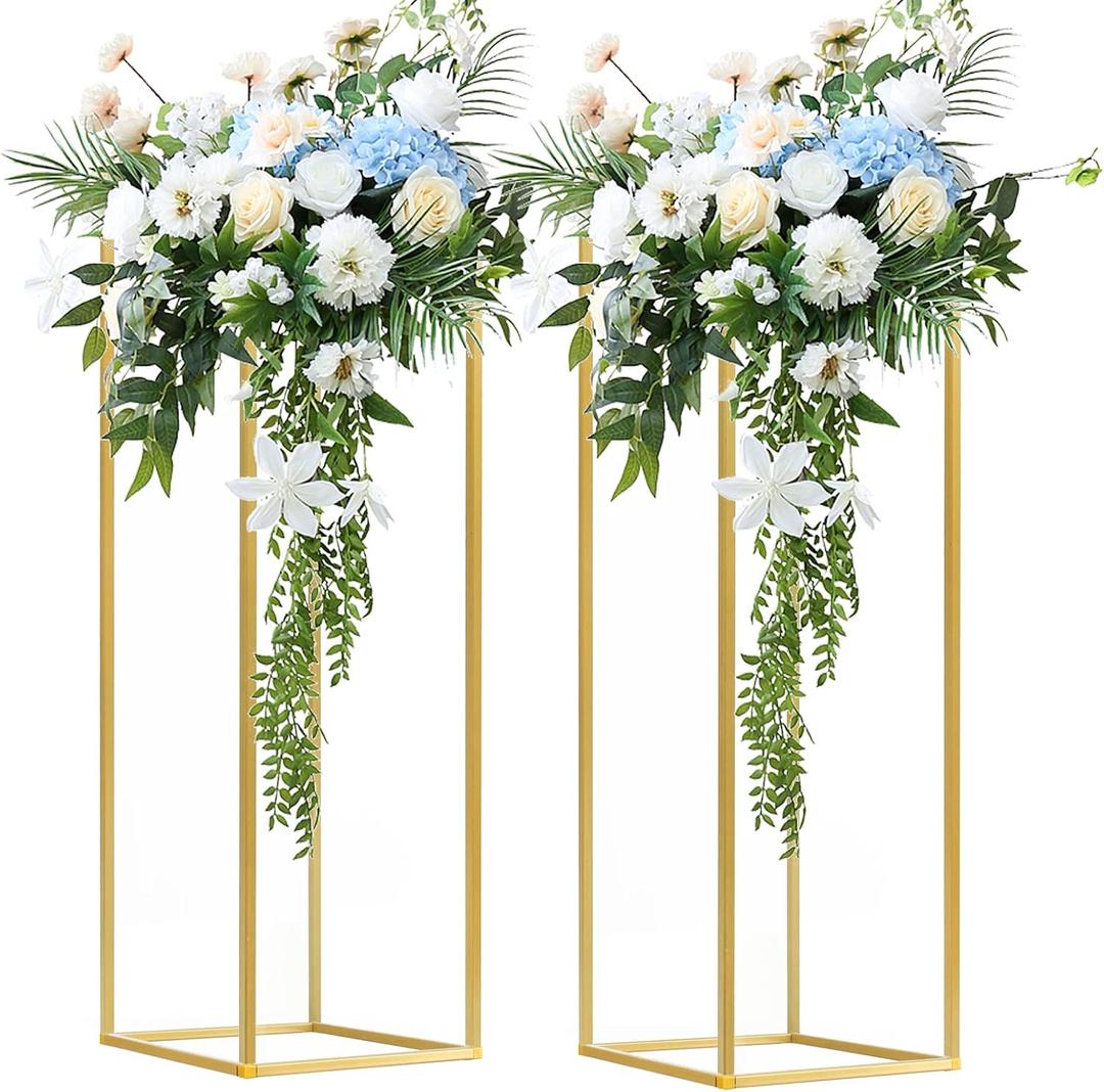 2 pcs 31.5inch/80cm Gold Vases for Centerpieces Metal Column Geometric Flower Stand,Wedding Centerpieces Stand Rectangular Flower Display Rack for Wedding, Party Decoration