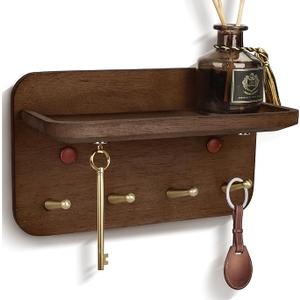 LEIRUOTM Key Holder Wall Mount, Solid Wood Key Holder for Wall with 4 Brass Hooks & Hidden Magnets, 15° Incline Hooks & Grooved Design to Prevent Slipping, Vintage Brown Key Hanger