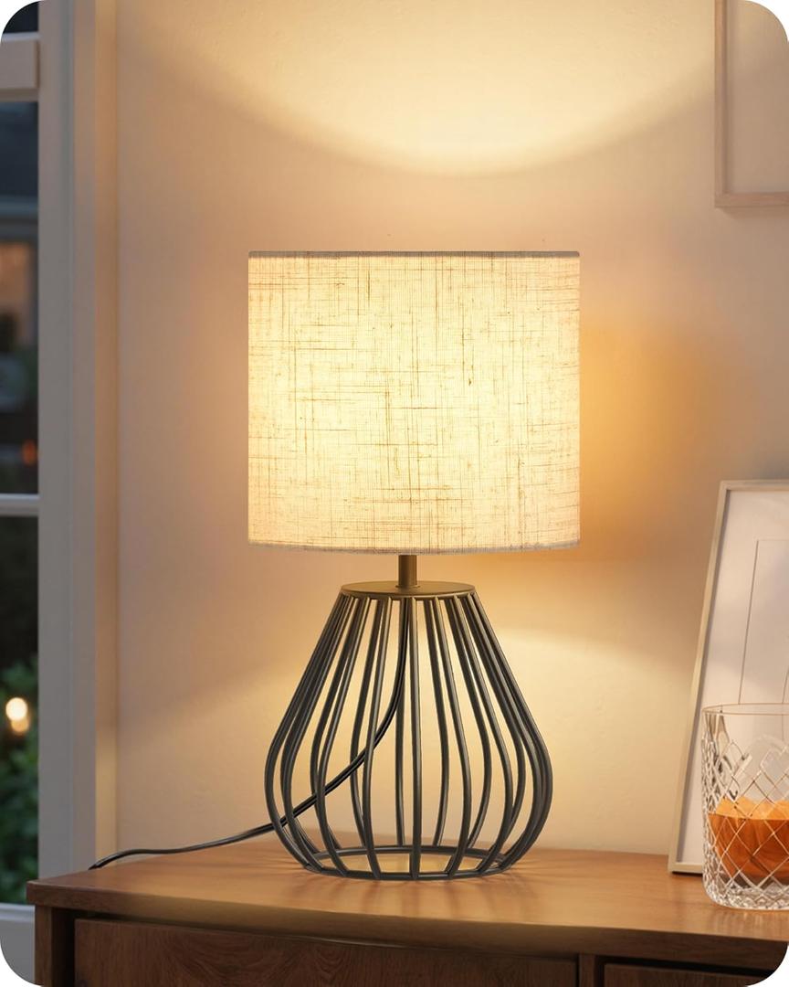 Small Bedside Table Lamp, Black Table Lamp with Metal Cage & Linen Lampshade, Modern Cute Desk Lamp, Cozy Nightstand Lamp for Bedroom, Living Room, Office, 2700K LED Bulb Included, E06TL05