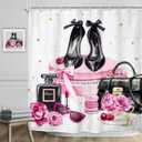 Riyidecor Pink Shower Curtain 72Wx72H Inch Fashion Girly Modern Marble Magazine Book White Rose Flower High Heel Makeup for Girls Bathroom Decor Fabric Polyester Waterproof 12 Pack Hooks (J-black Pink)