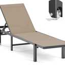 Aluminum Chaise Lounge Chair Outdoor with Wheels, Patio Lounge Chair with Adjustable 5-Position Recliner and Full Flat Tanning Chair for Patio, Beach, Pool, Khaki