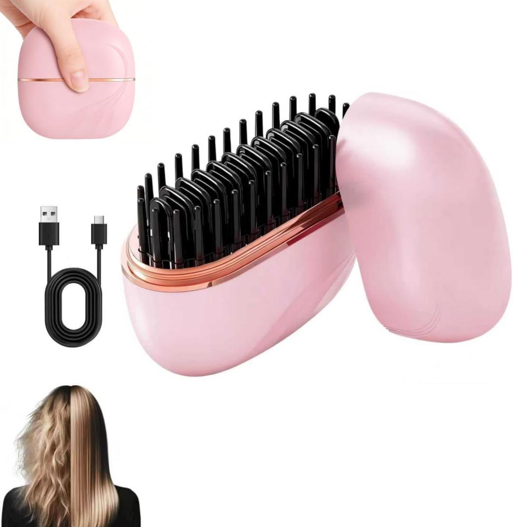Mini Hair Straightener, Go Brush Pro, Tiny Cordless Rechargeable Portable Straightening Comb, Anti Scald Shell, 3-Speed Temperature Control, Lightweight and Portable for Travel (Pink)