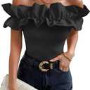 OYOANGLE Women's Ruffle Trim Off Shoulder Short Sleeve Blouse Party Tops Shirt (Medium)