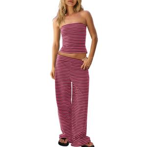 Panadila Womens Striped Two Piece Sets Summer Lounge Outfits Sailor Tube Top and Pants Matching Set Beach Vacation Travel Y2k (X-Small, Burgundy Pink Combo)