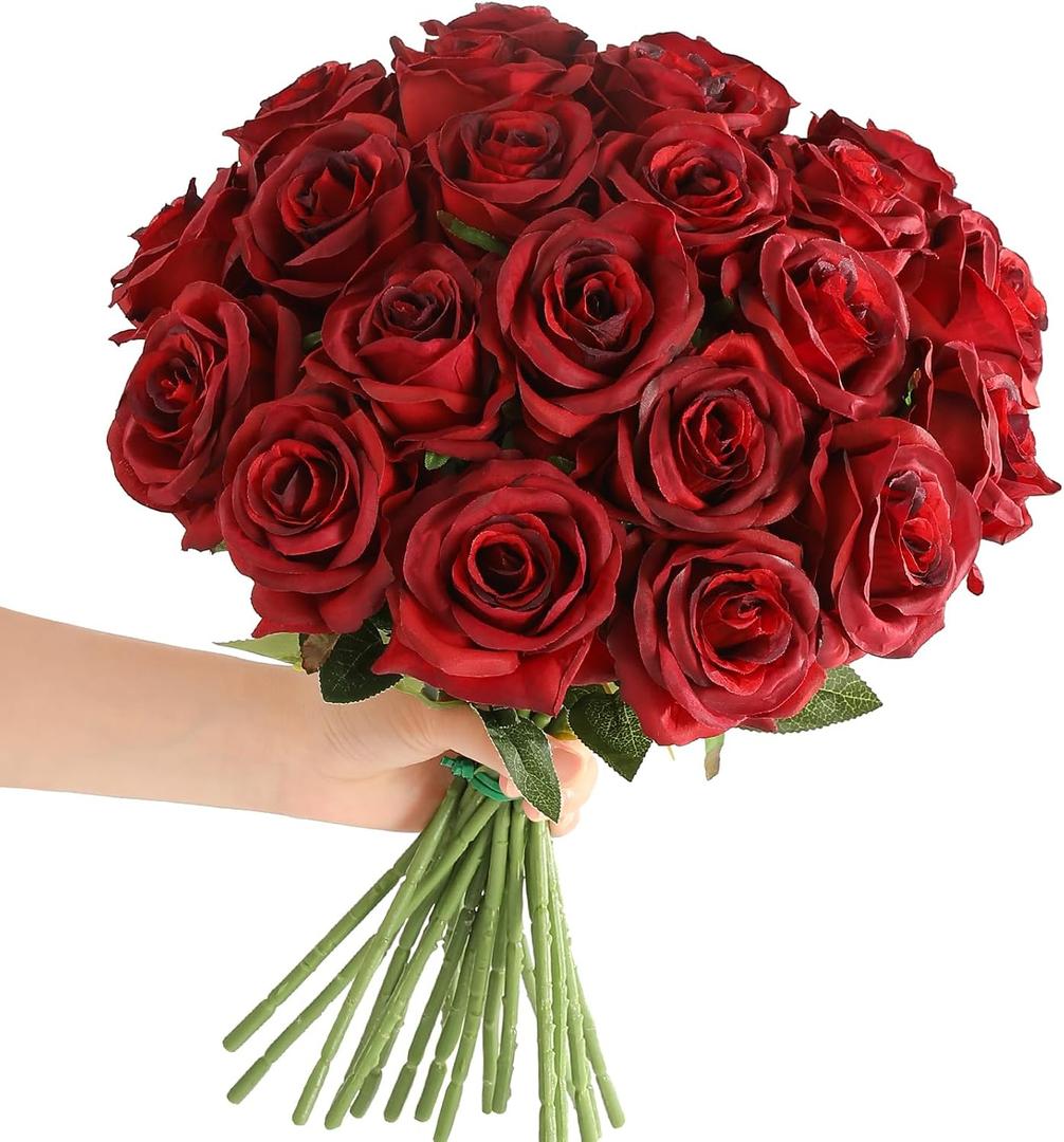 Tifuly Red Roses Artificial Flowers - 12 pcs Realistic Long Stem Fake Roses Faux Silk Flowers for DIY Bouquets Wedding Centerpieces Arrangements Home Party Decor, Burgundy
