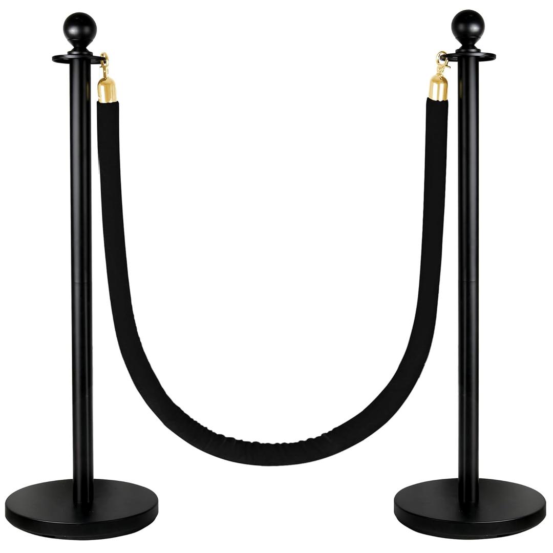2 Pack Stanchions Post with Velvet Rope, Heavy Duty Metal Posts with Weighted Base, Crowd Control Barriers & Poles for Red Carpet, Movie Theater, Event, Party Supplies(Black)