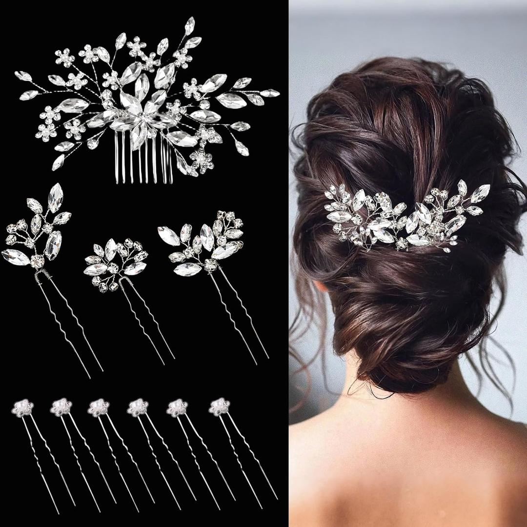 10 pcs Bride Hair Pins Rhinestone Bridal Hair Piece for Women Crystal Hair Accessories for Bride Bridesmaids Flower Girls(Silver)