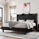 Full Size Upholstered Bed Frame with Charging Station, Platform Bed Frame with Storage Headboard, Solid Wood Slats Support, No Box Spring Needed, Black