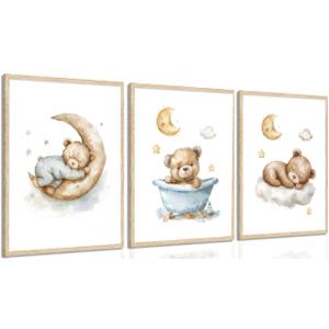 3Pcs Teddy Bear Nursery Wall Art Bear Sleeping on The Moon and Stars Painting Picture Wall Decor Neutral Cute Animal Poster Print Artwork for Kids Baby Room Bathroom Nursery Home Decoration Unframed