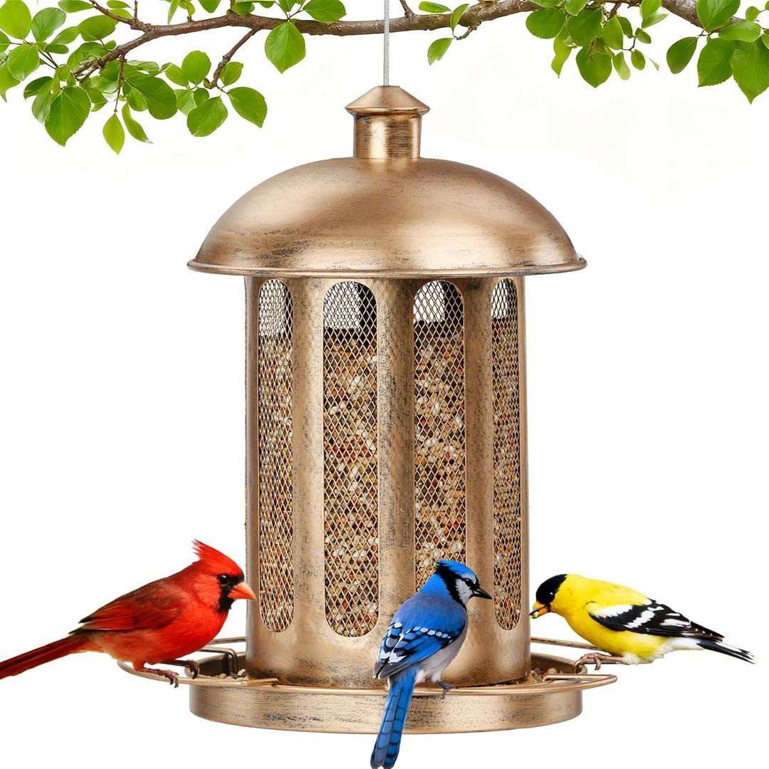 Bird Feeder, Large Capacity Bird Feeders for Outdoor Hanging, Heavy Duty Metal Wild Birdfeeder for Outside Garden Yard Decor, Retro Lantern Shape (Brown)