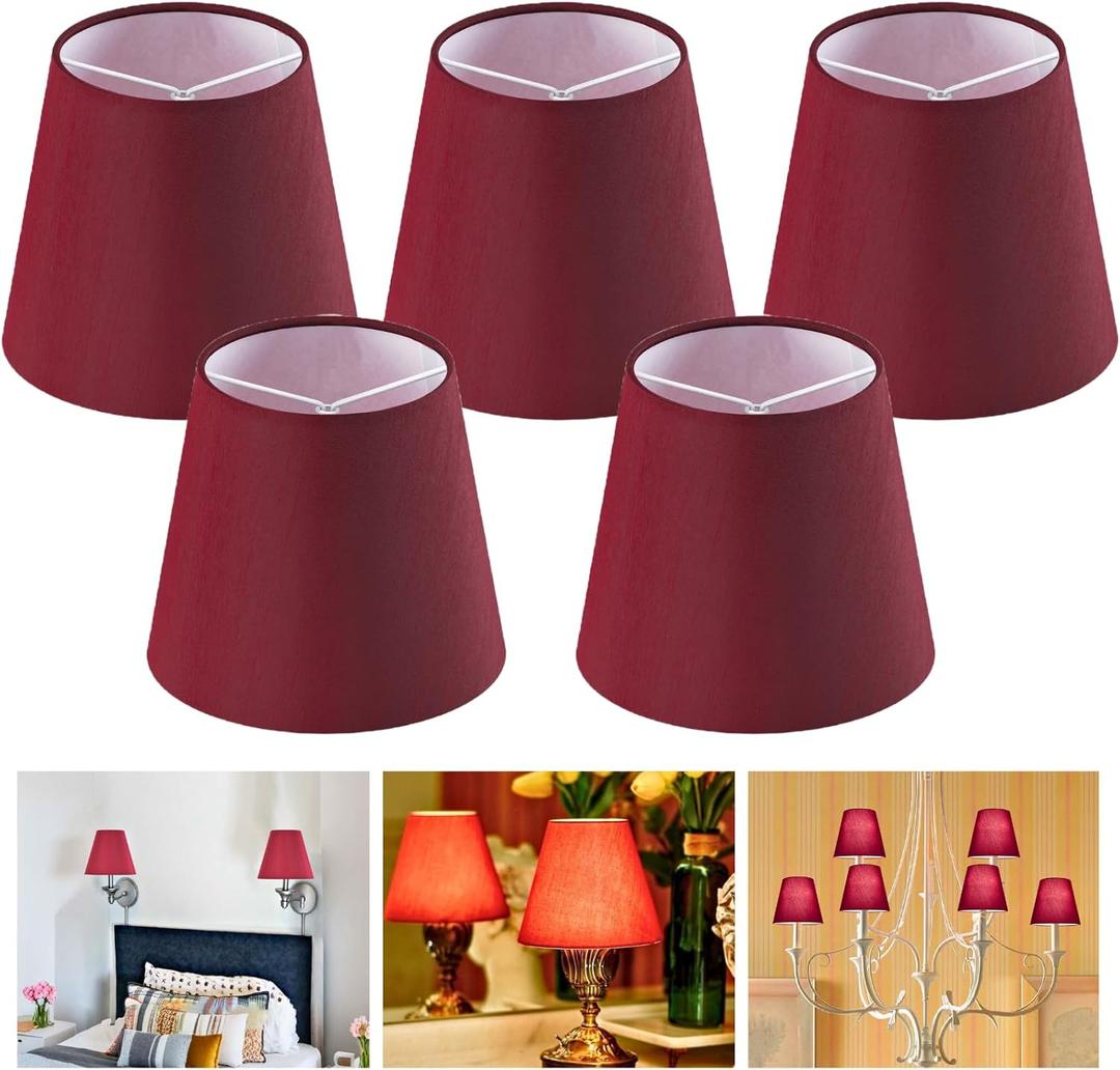 GO&SO Set of 5 Burgundy Small Lamp Shades,4" Top x 6" Bottom x 5" Height (Clip on Bulb) Chandelier Lamp Shades, Mini Lamp Shade Faux Silk Fabric Lamp Shade for Table Lamp, Chandeliers, Wall Sconces