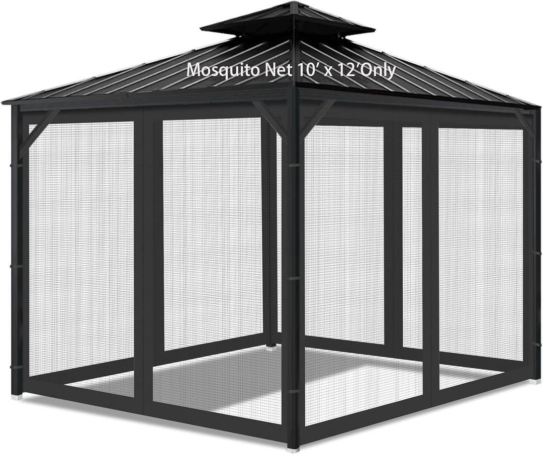 Gazebo Universal Replacement Mosquito Netting, Outdoor Mesh Netting Screen 4-Panel Sidewall with Zipper for Patio, Canopy, Garden and Backyard, Gray(Mosquito Net Only) (Black, 10' x 12')