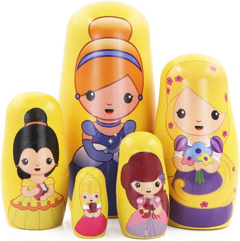 Cute Princess Nesting Dolls for Girls,5 Pcs Girl with Dress Handmade Wooden Russian Nesting Doll Yellow Matryoshka Dolls for Kids Toy Birthday Christmas New Year Girl Women Gift Home Decoration