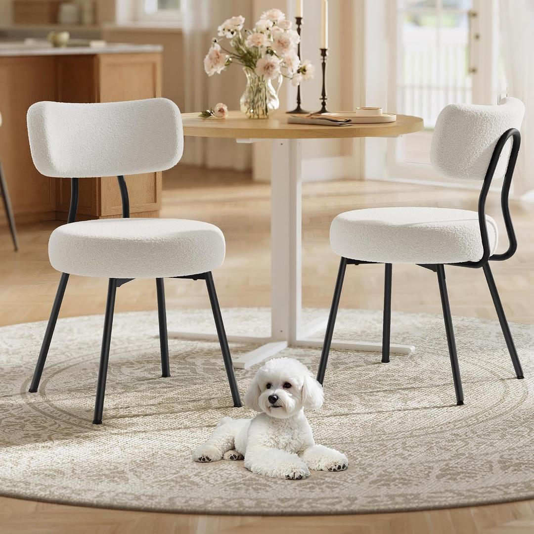 VASAGLE Boucle Dining Chairs Set of 2, Upholstered Kitchen Dining Room Chairs with Curved Backrest and Steel Frame, Modern Mid Century, Round, for Vanity, Living Room, Cream White UKDC110W01, 2 Pack