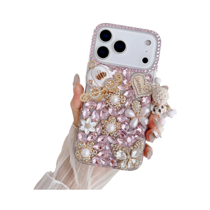 iFiLOVE for iPhone 17 Pro Max Bling Diamond Case, 3D Luxury Sparkle Glitter Crystal Rhinestone Butterfly Flower Pendant Charm Case Cover for Girls Women Kids (Pink)