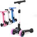 3 Wheel Electric Scooter for Kids, Folding Kick Scooter w/150W Motor, Thumb Accelerator, 3 Adjustable Height, 5Mph Speed, Flashing Wheels & Deck, Sticker, Self-Balancing Toys for Boys, Girls (Black)