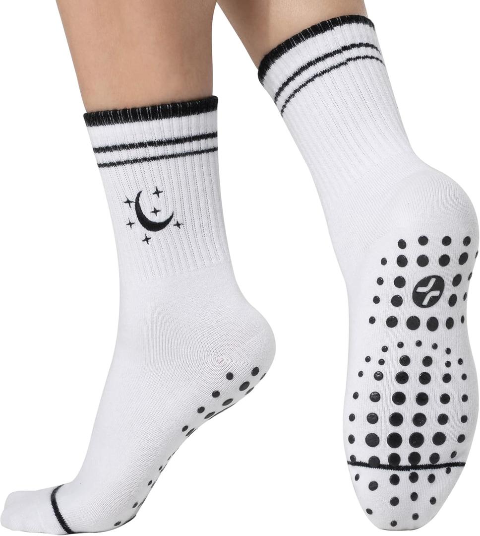 2 x COOLMATE Pilates Socks with Grips for Women, Yoga Socks, Crew Non Slip Women for Barre, Pilates Gifts for Women (White)