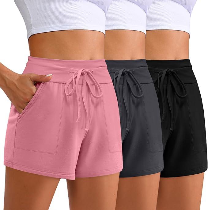 3 Pack Women's Cotton Drawstring Sweat Casual Summer Workout Athletic Gym Lounge Shorts with Pockets, 3 Pack, Small