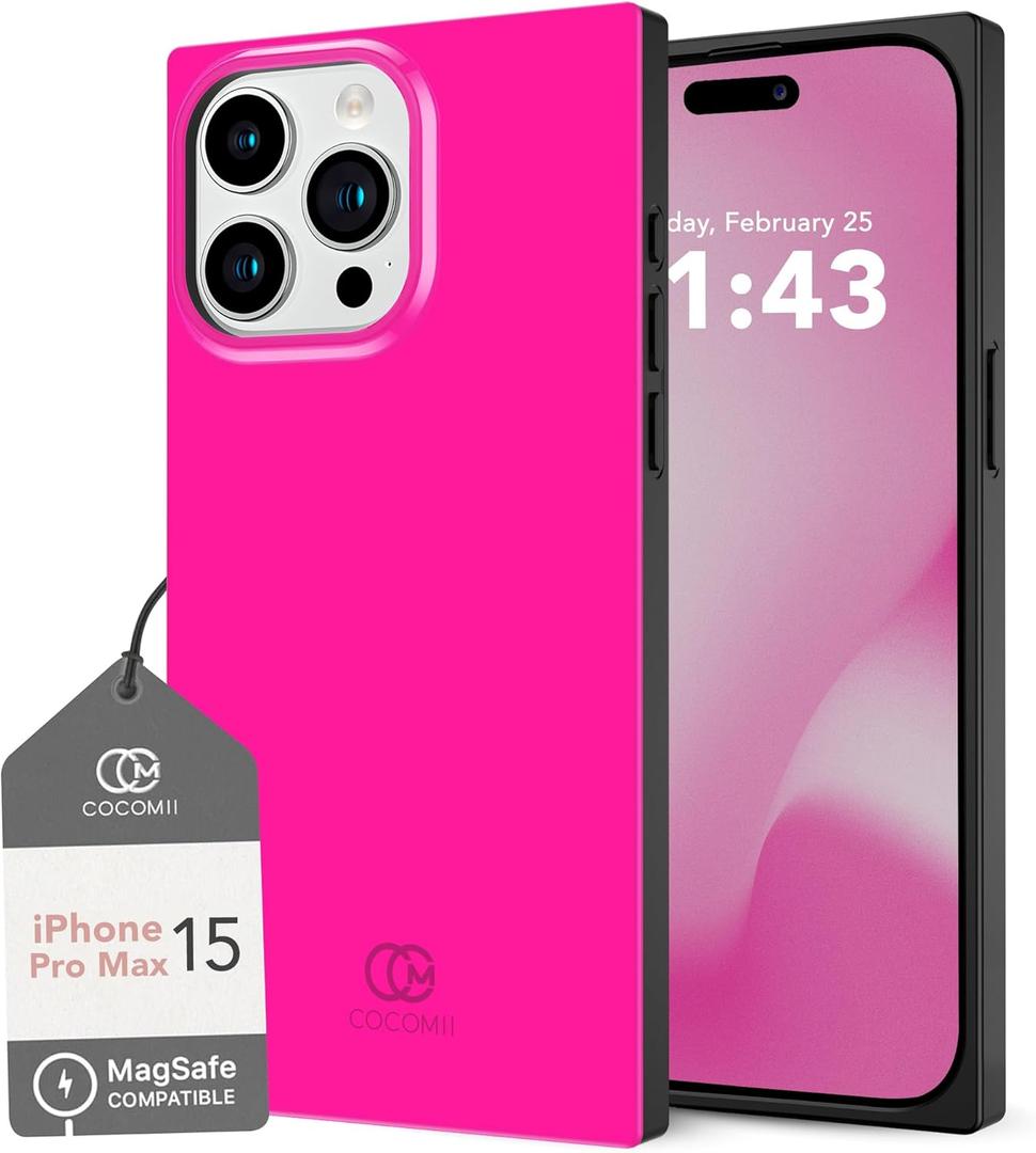 Cocomii - Rectangle Case Compatible with iPhone 15 Pro Max - Compatible with MagSafe, Solid Color, Fashionable Hues, Glossy, Magnetic Phone Case for iPhone 15 Pro Max 6.7 inch, Neon Pink