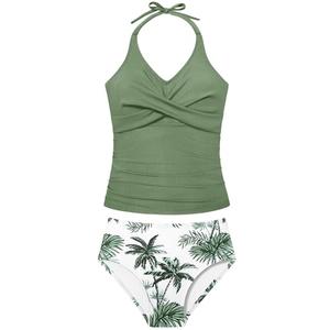 Shallmu Girl Bathing Suit Teen Swimsuits for Girls 13-14 Years Two Piece Green Modest V Neck Ribbed High Waisted Tropical Print Girl's Swimwear Tankini Set, 13-14Y