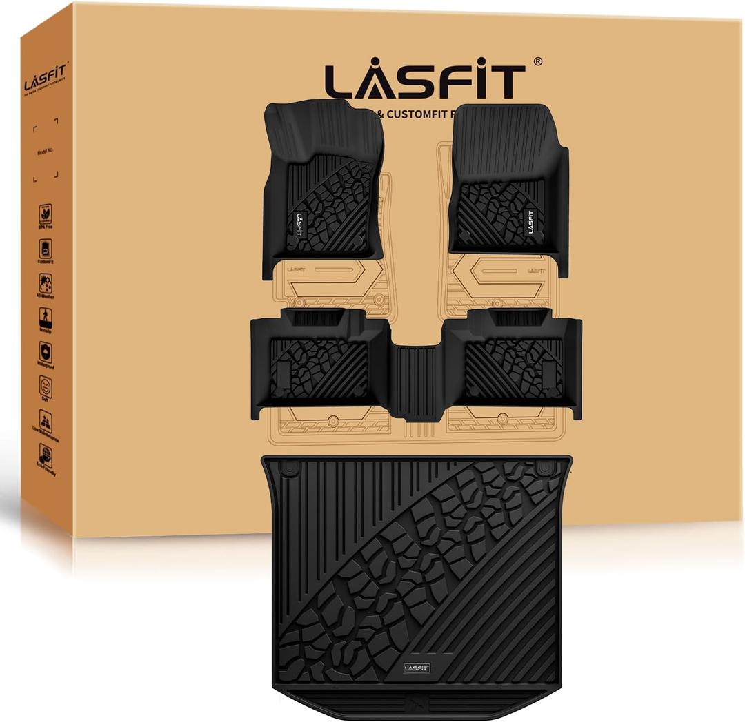 LASFIT Floor Mats & Trunk Mat for Jeep Grand Cherokee 2016-2021 Grand Cherokee WK 2022 All Weather TPE Custom Fit Car Cargo Liner Black