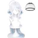 Furina Cosplay Wig for Women White Mixed Blue Wig Focalors Fontaine Blue Highlights Wigs Hair + Elf Ear + Wig Cap for Halloween Comic Con Costume Party